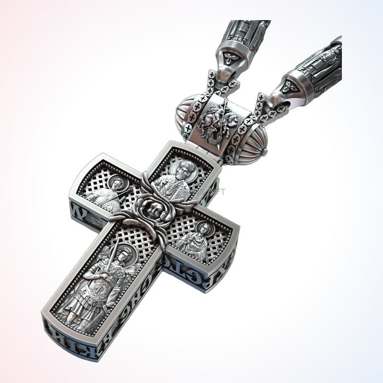 Christian gift cross orthodox ring pendant with saints in oxidized 925 silver