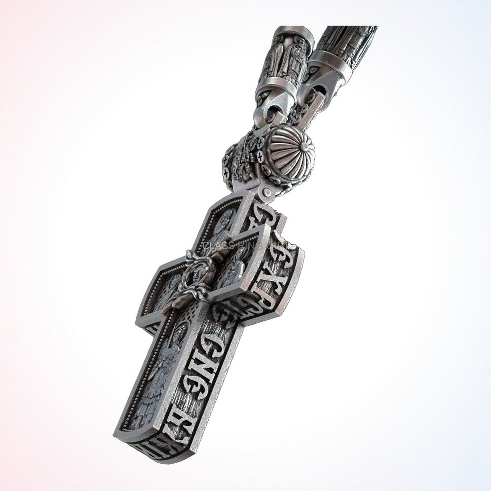 Christian gift cross orthodox ring, angled three-quarter overhead view