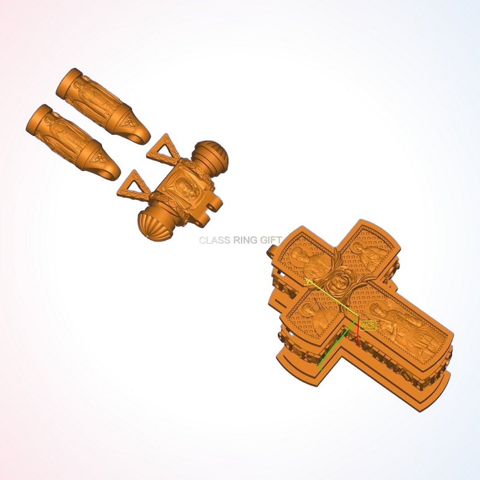 Christian gift cross orthodox ring, wooden carved cross with cherub top detail