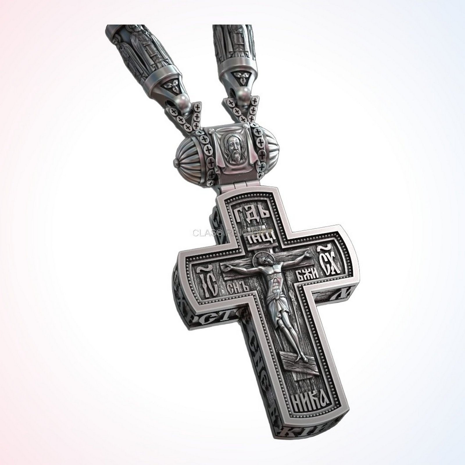 Christian gift cross orthodox ring pendant with saints in oxidized 925 silver