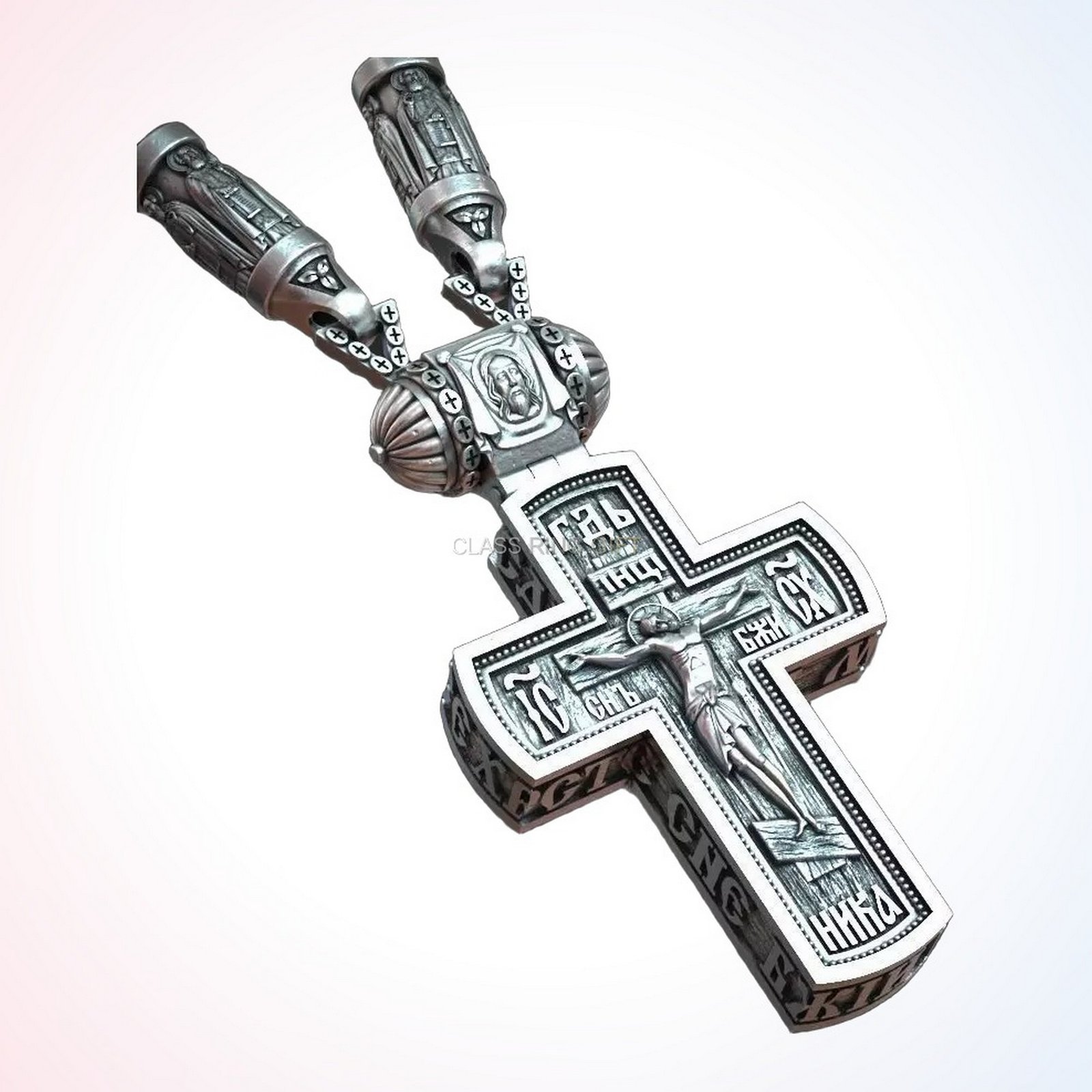Christian gift cross orthodox ring pendant with saints in oxidized 925 silver