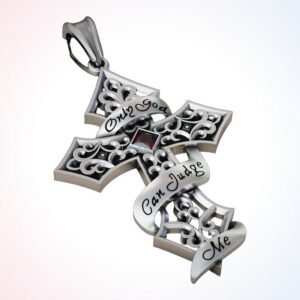 Christian gift cross tape pendant with filigree scrollwork in oxidized 925 silver