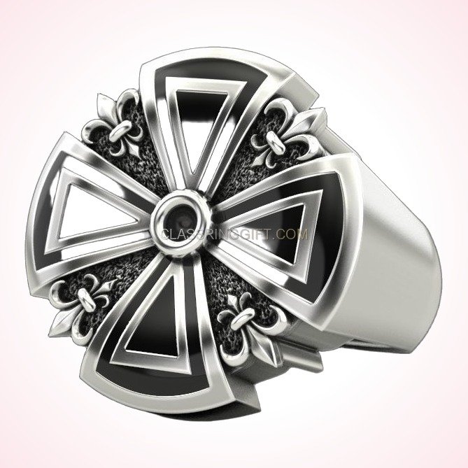 Sterling silver heraldic cross ring, angled three-quarter view