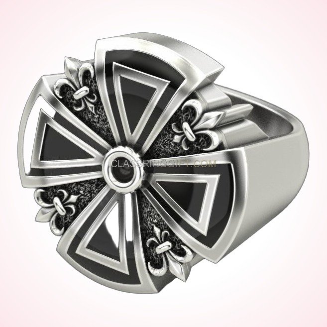 Sterling silver heraldic cross ring, left side profile angle