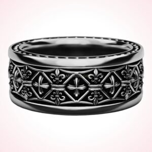 Christian gift cross fleur ring, oxidized 925 sterling silver, front view