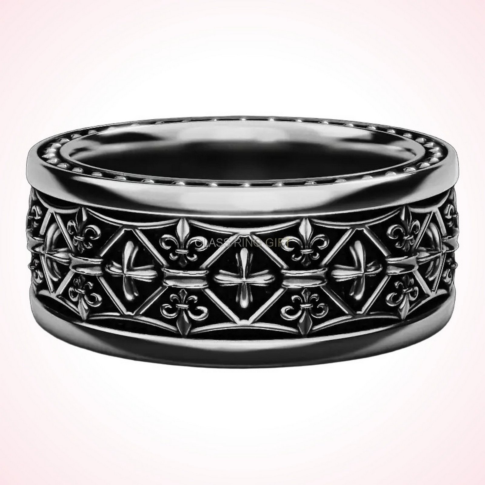 Christian gift cross fleur ring, oxidized 925 sterling silver, front view