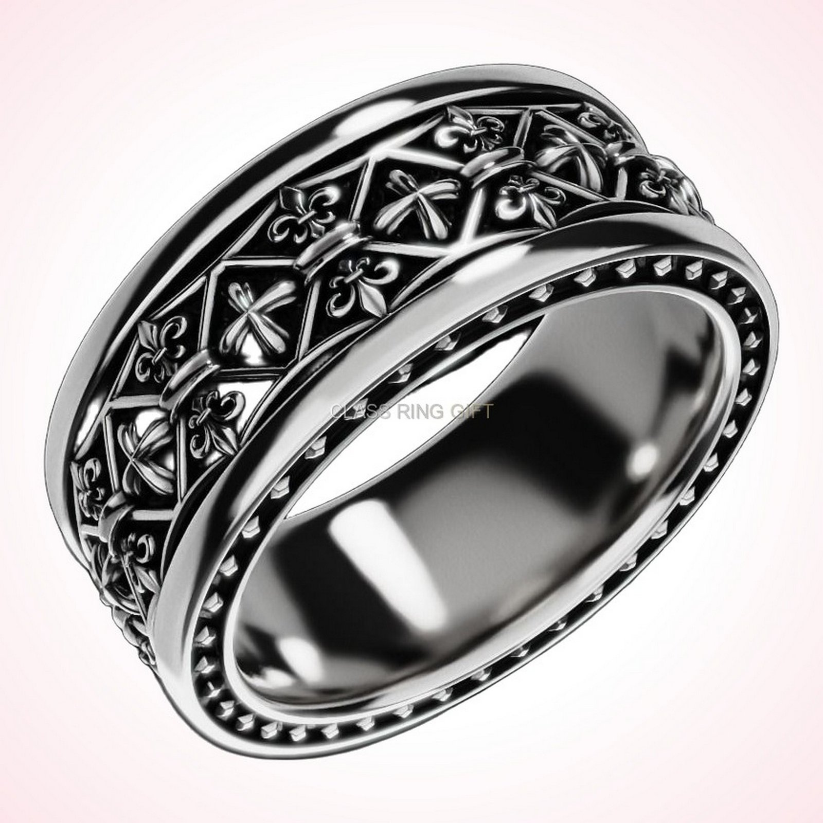 Christian gift cross fleur ring, side profile and band detail