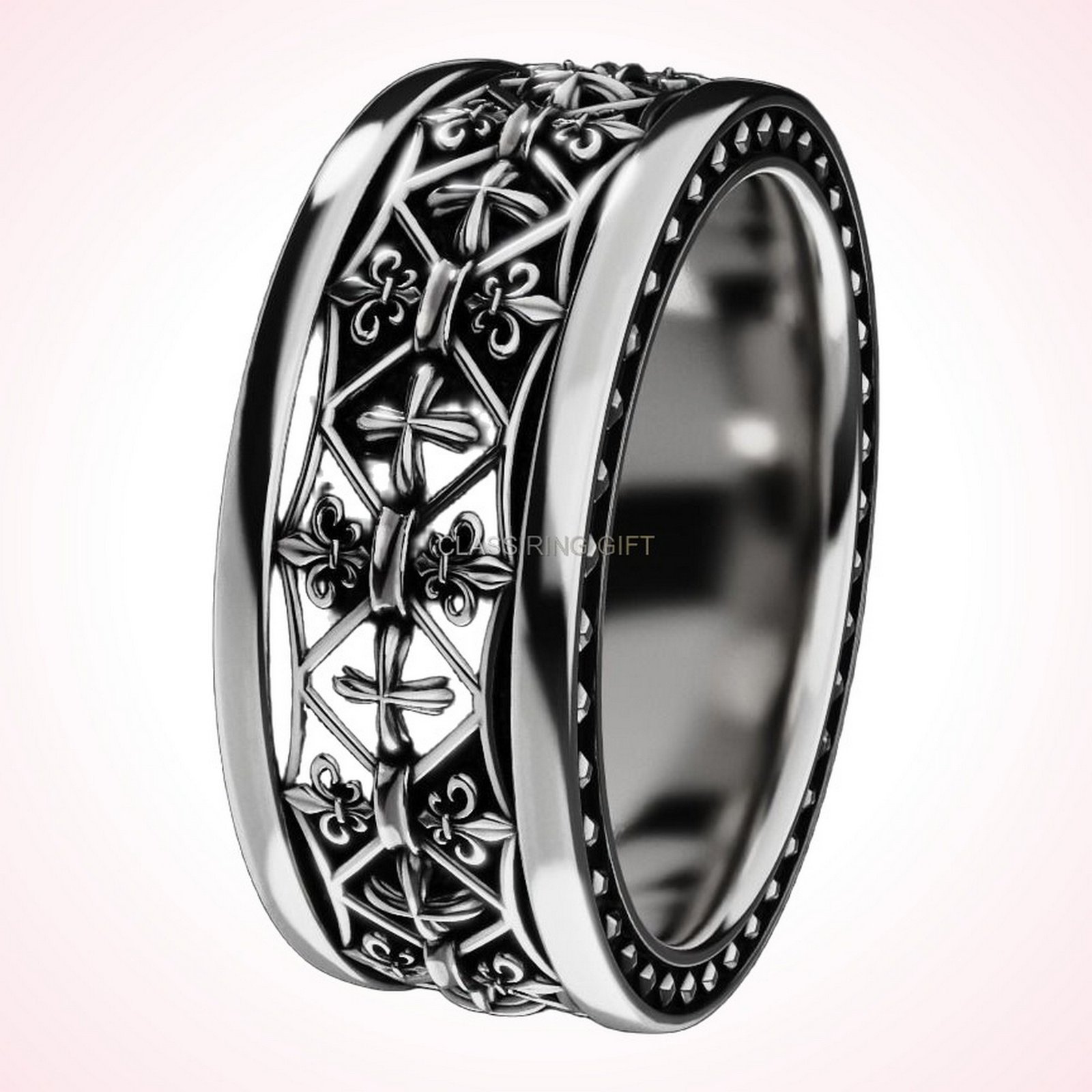 Christian gift cross fleur ring, angled three-quarter view