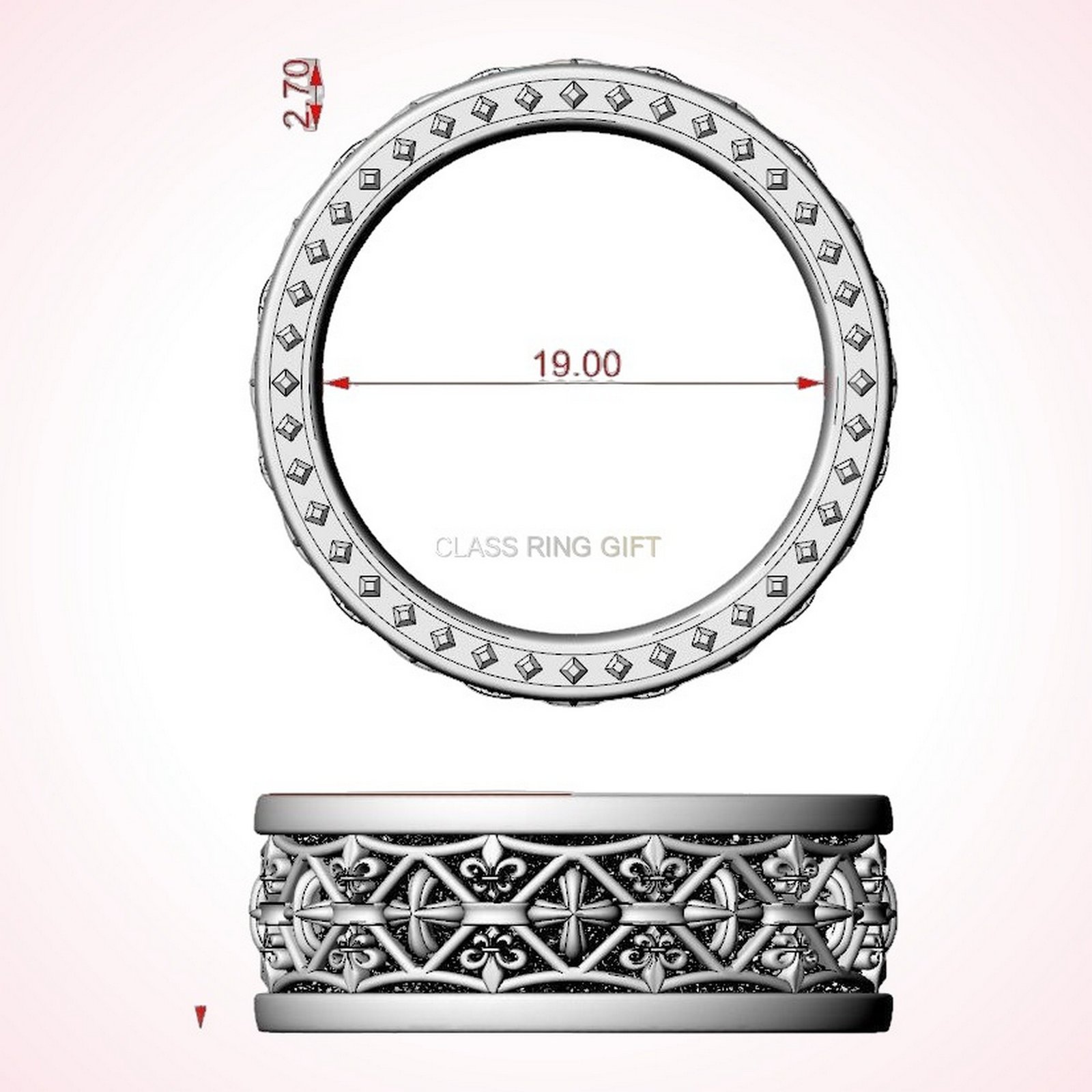 Christian gift cross fleur ring, oxidized 925 sterling silver, front view