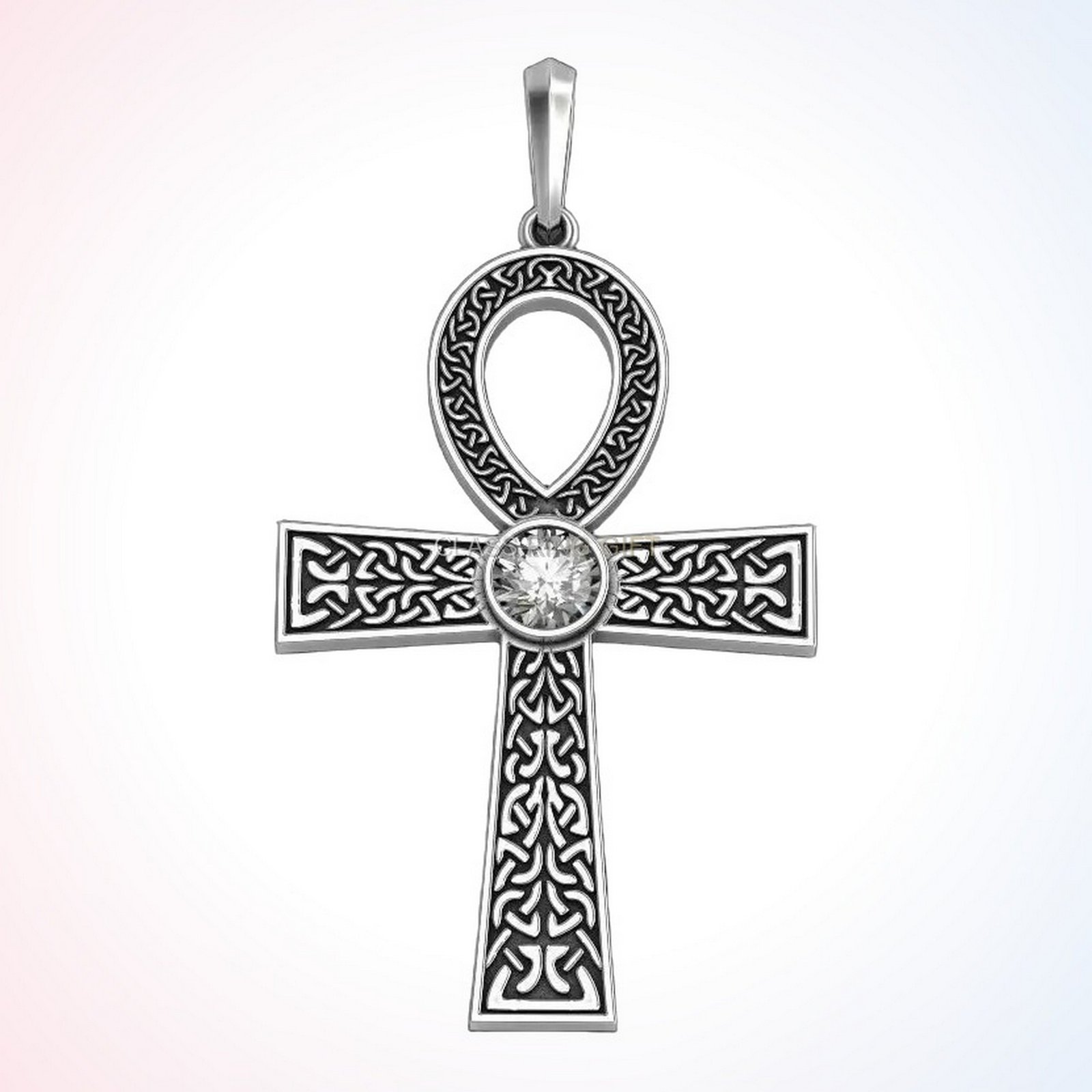 Christian gift cross celtic ring, front view of detailed Celtic cross with polished stone center
