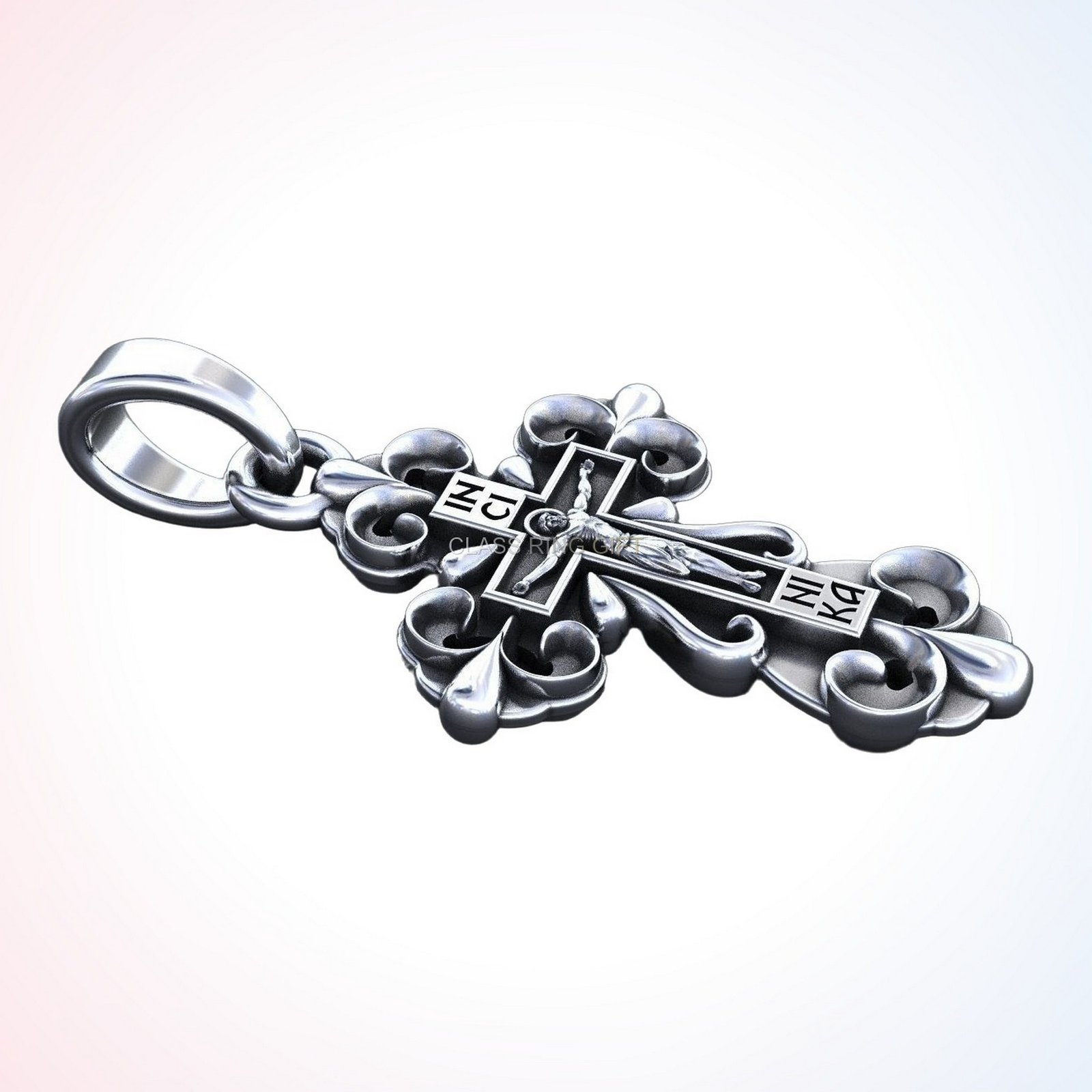 Christian gift cross crucifix ring pendant with ornate scrolled lobes, polished 925 sterling silver