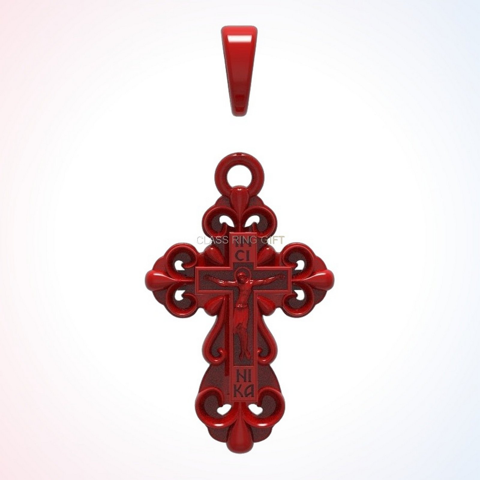 Christian gift cross crucifix ring, red enamel crucifix pendant with fleur-de-lis lobes
