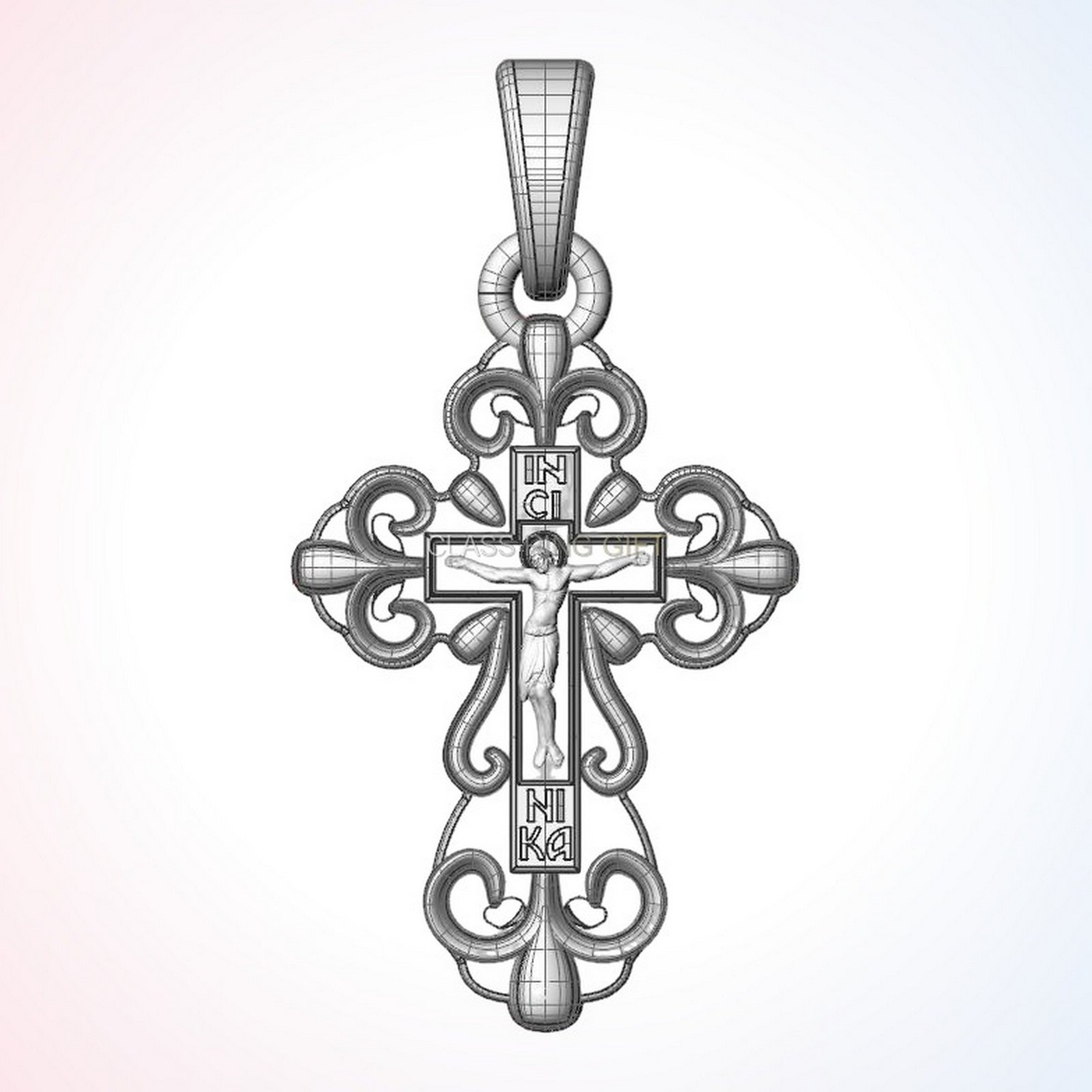 Christian gift cross crucifix ring pendant with ornate scrolled lobes, polished 925 sterling silver