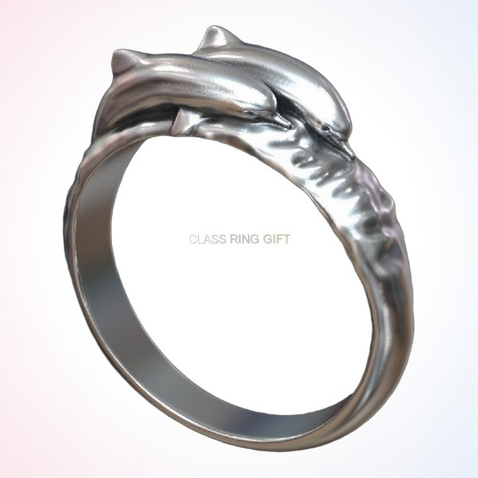 Personalized gift dolphins pair ring, angled three-quarter detail view