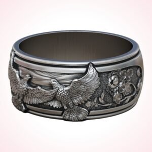 Gift for her doves flowers ring, handmade 925 sterling silver with oxidized finish