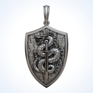 Gift for him dragon sword pendant in oxidized 925 sterling silver with shield frame