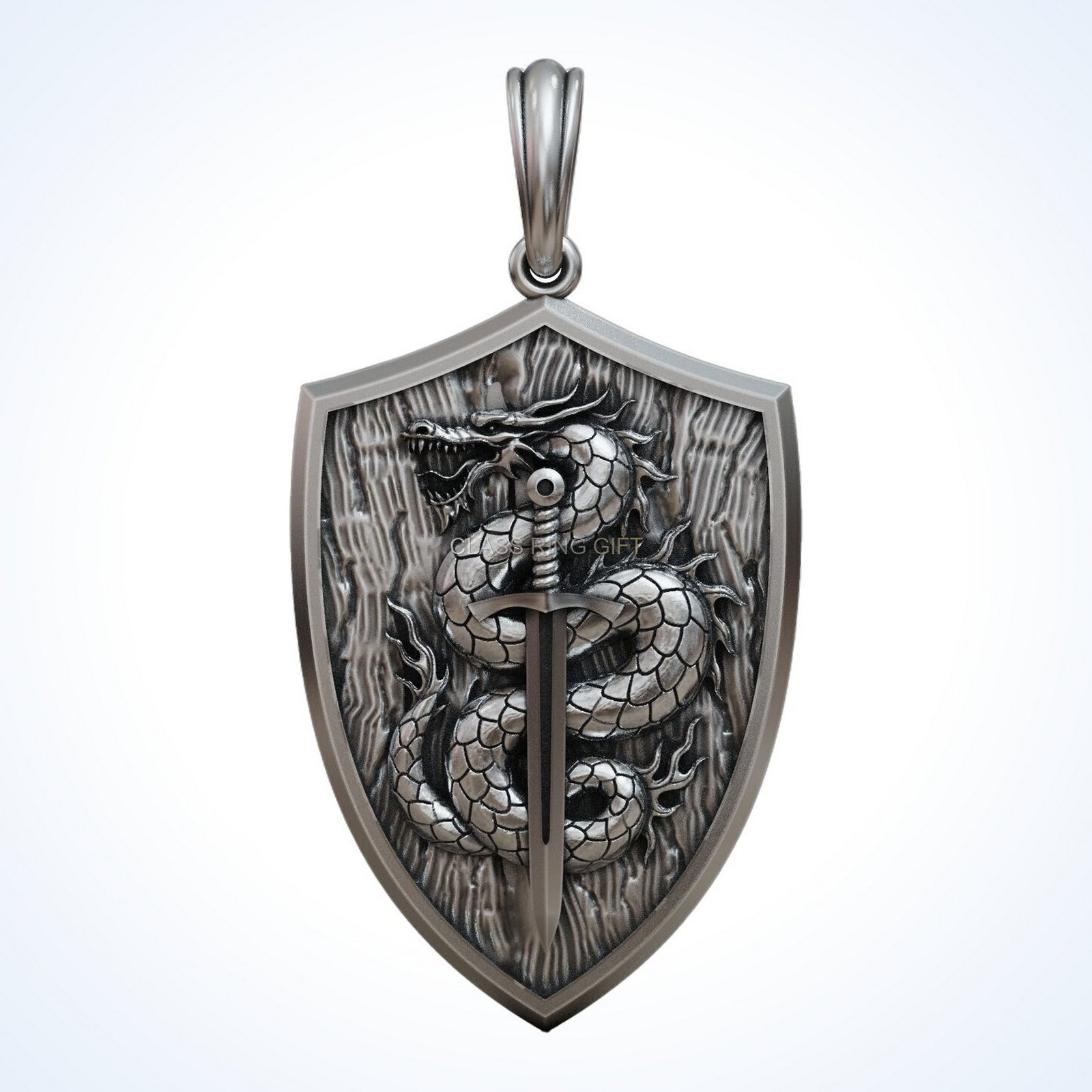 Gift for him dragon sword pendant in oxidized 925 sterling silver with shield frame