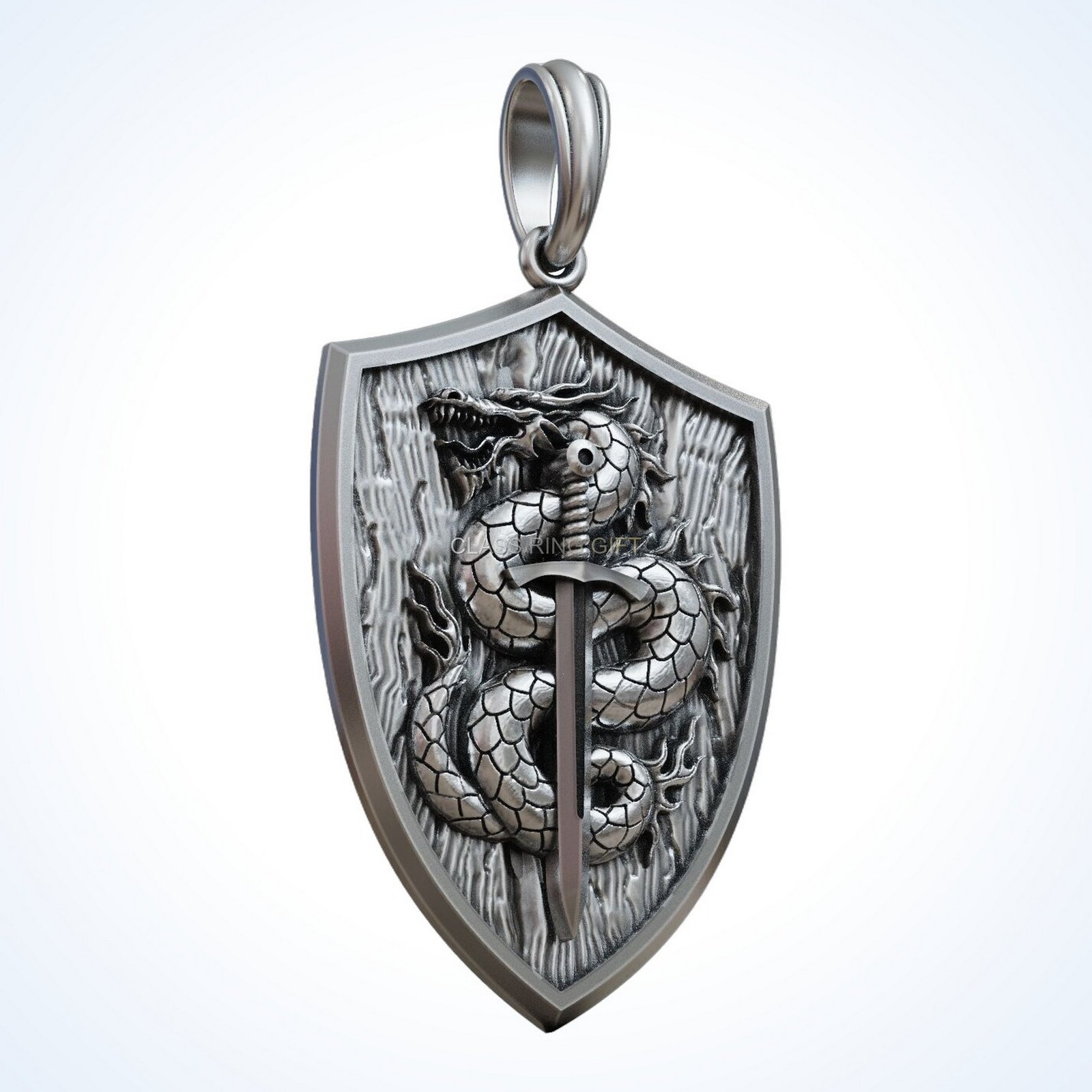 Gift for him dragon sword pendant in oxidized 925 sterling silver with shield frame
