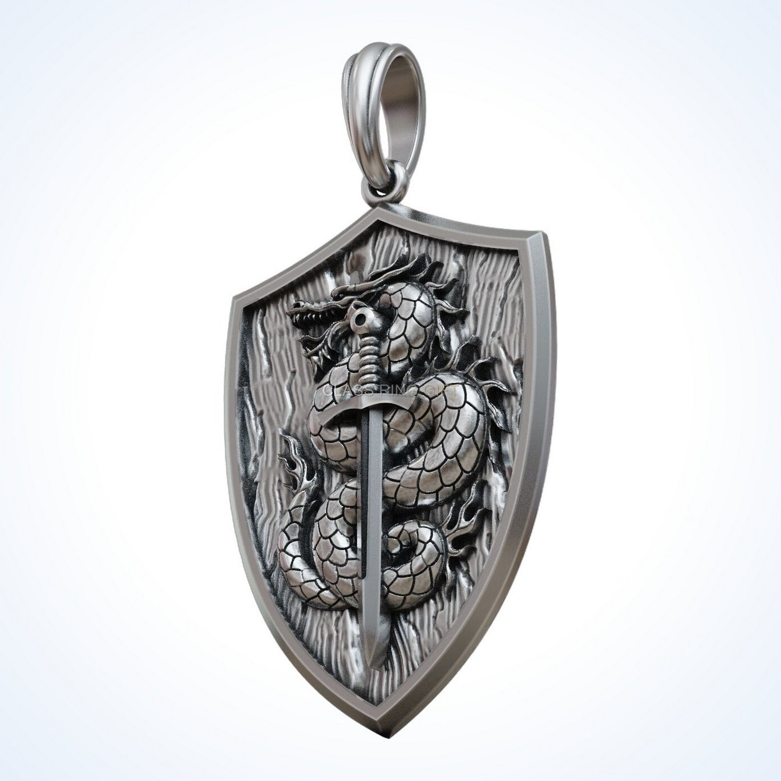 Gift for him dragon sword pendant in oxidized 925 sterling silver with shield frame