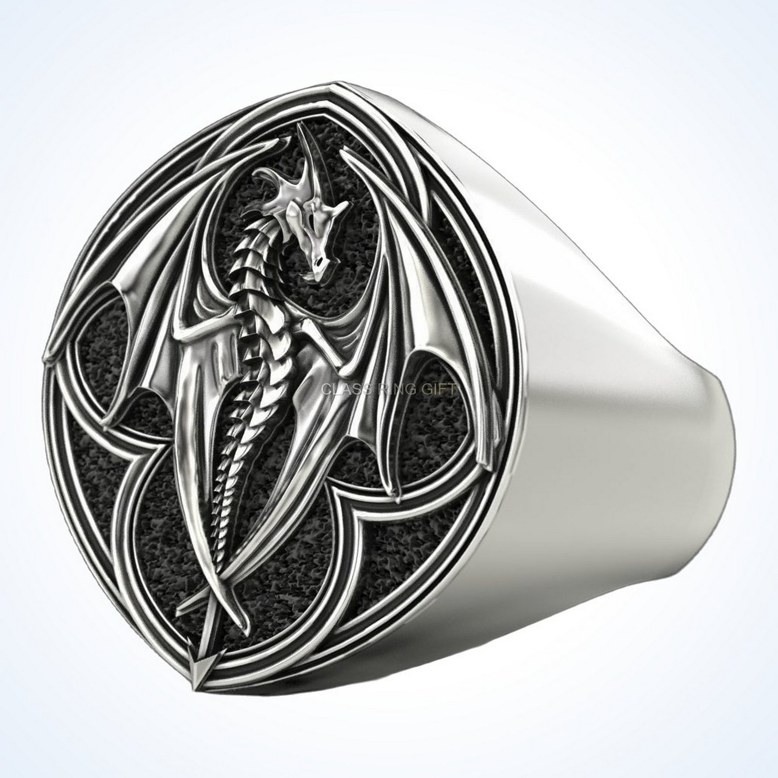 Gift for him dragon religion, angled side profile view with band