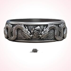 Gift for him dragons flower band ring, oxidized 925 silver