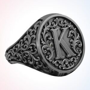 Gift for him elegant letter K signet ring with floral filigree border