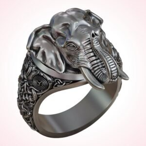 Gift for her elephant head statement ring, 925 sterling silver with ornate border