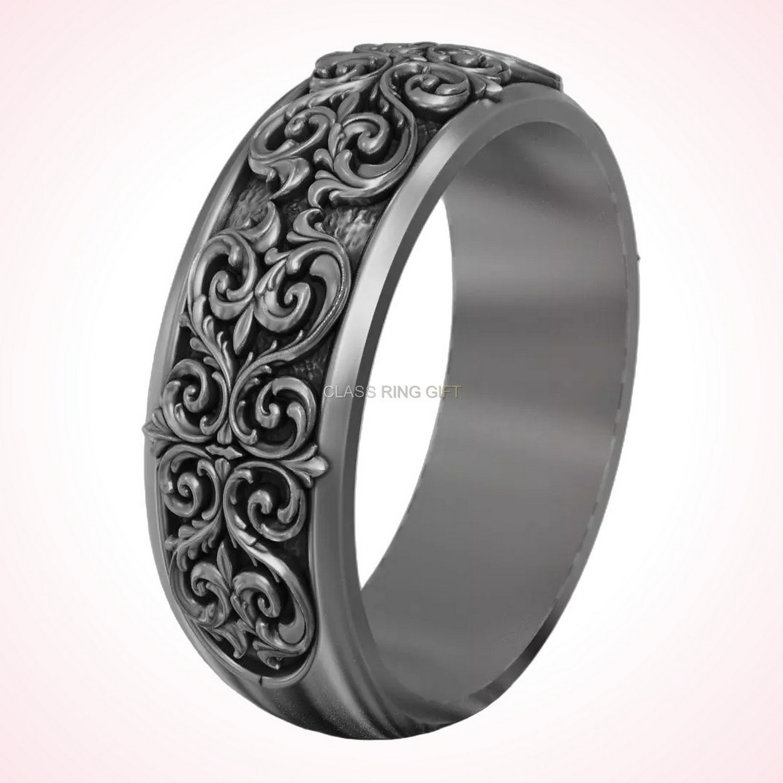 Gift for her filigree scroll band ring, oxidized 925 silver