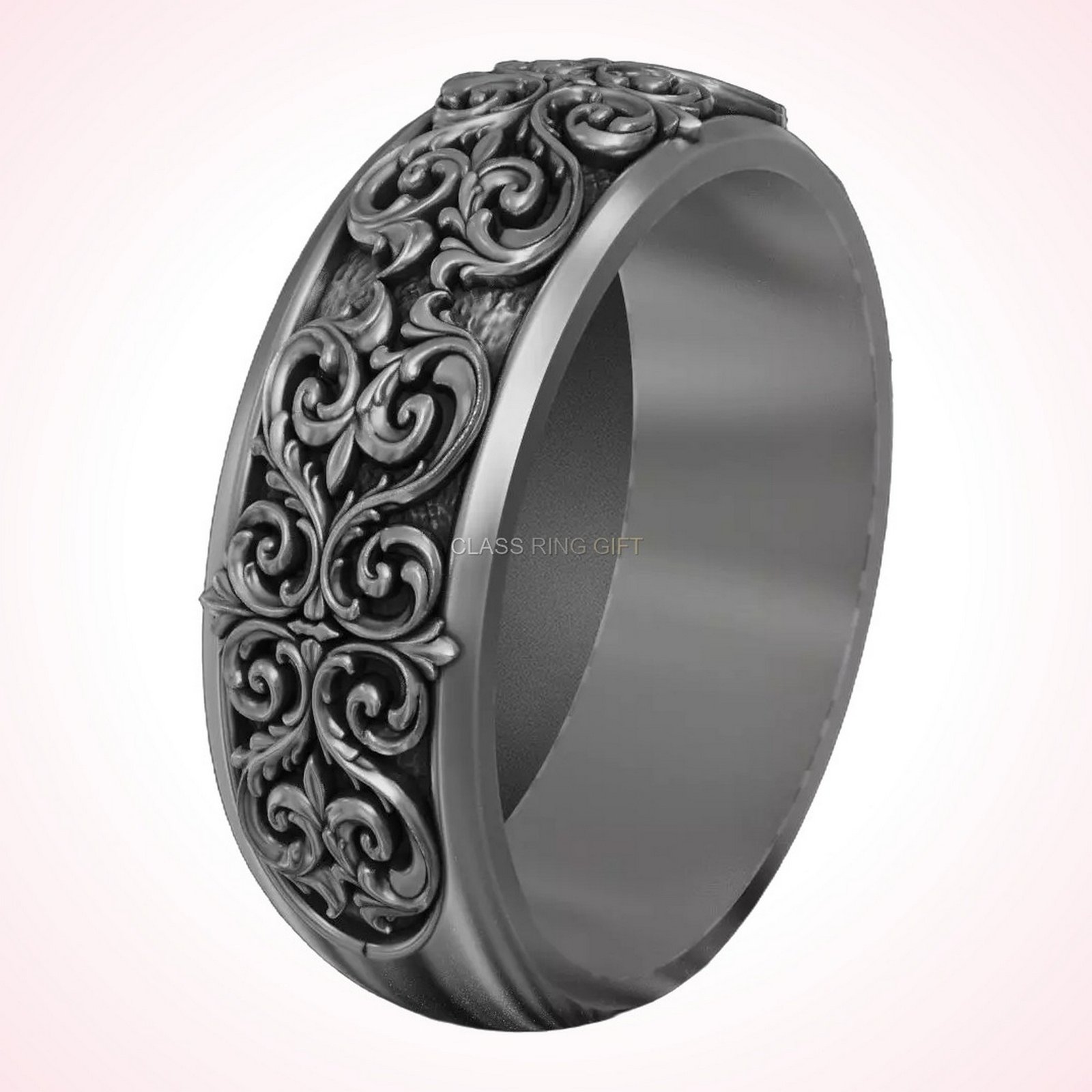 Gift for her filigree scroll, side profile view of band
