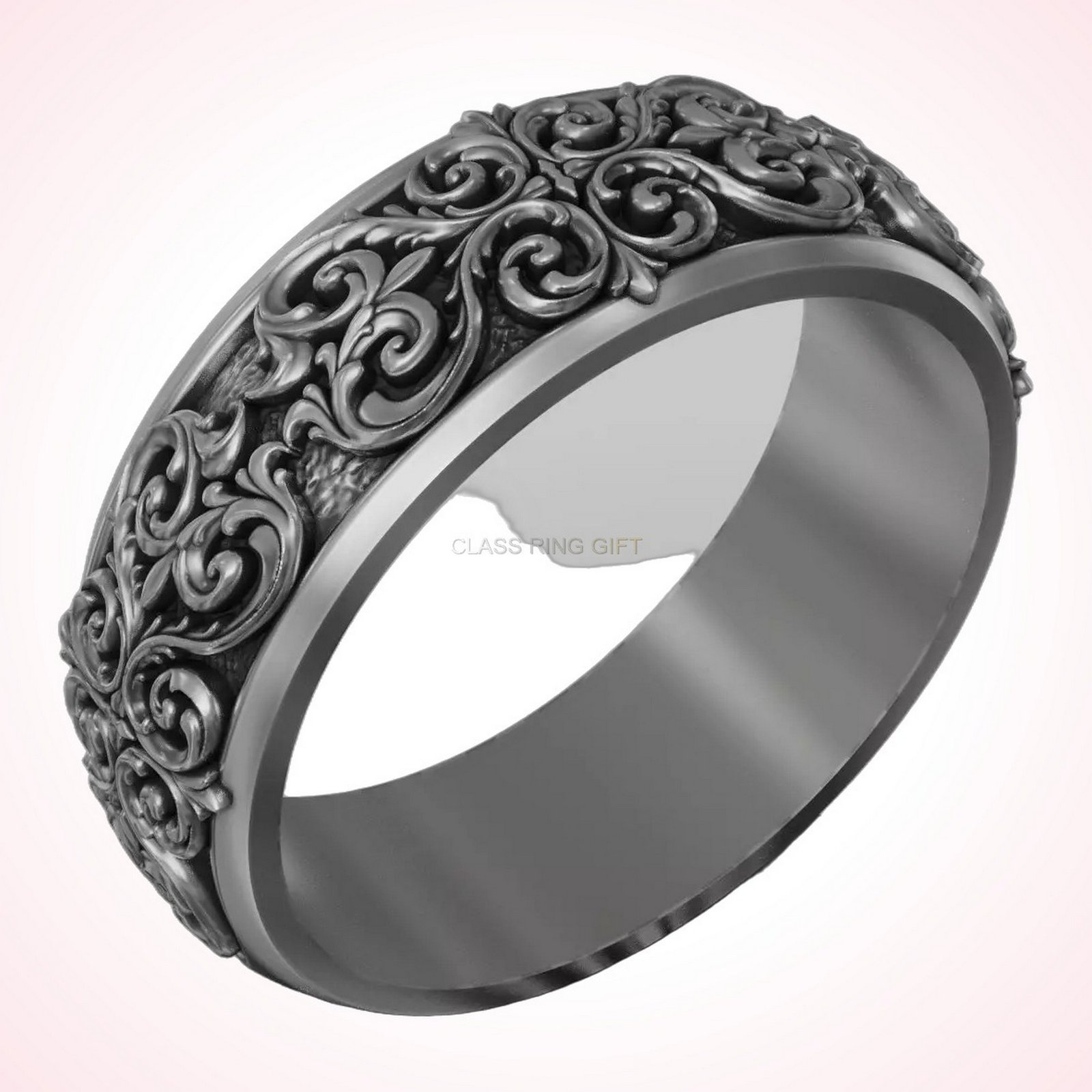 Gift for her filigree scroll band ring, oxidized 925 silver
