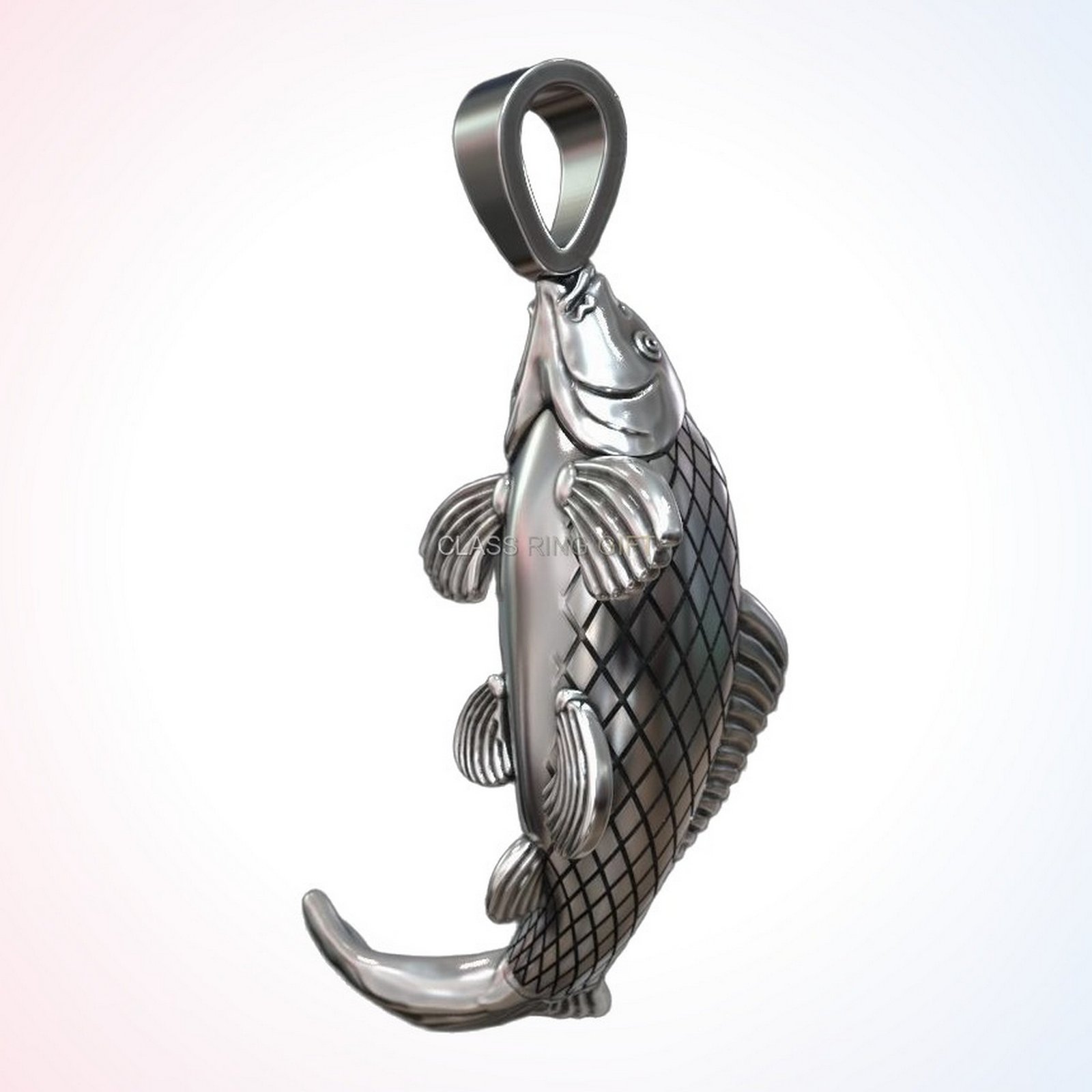 Personalized gift fish carp pendant, side three-quarter angle view