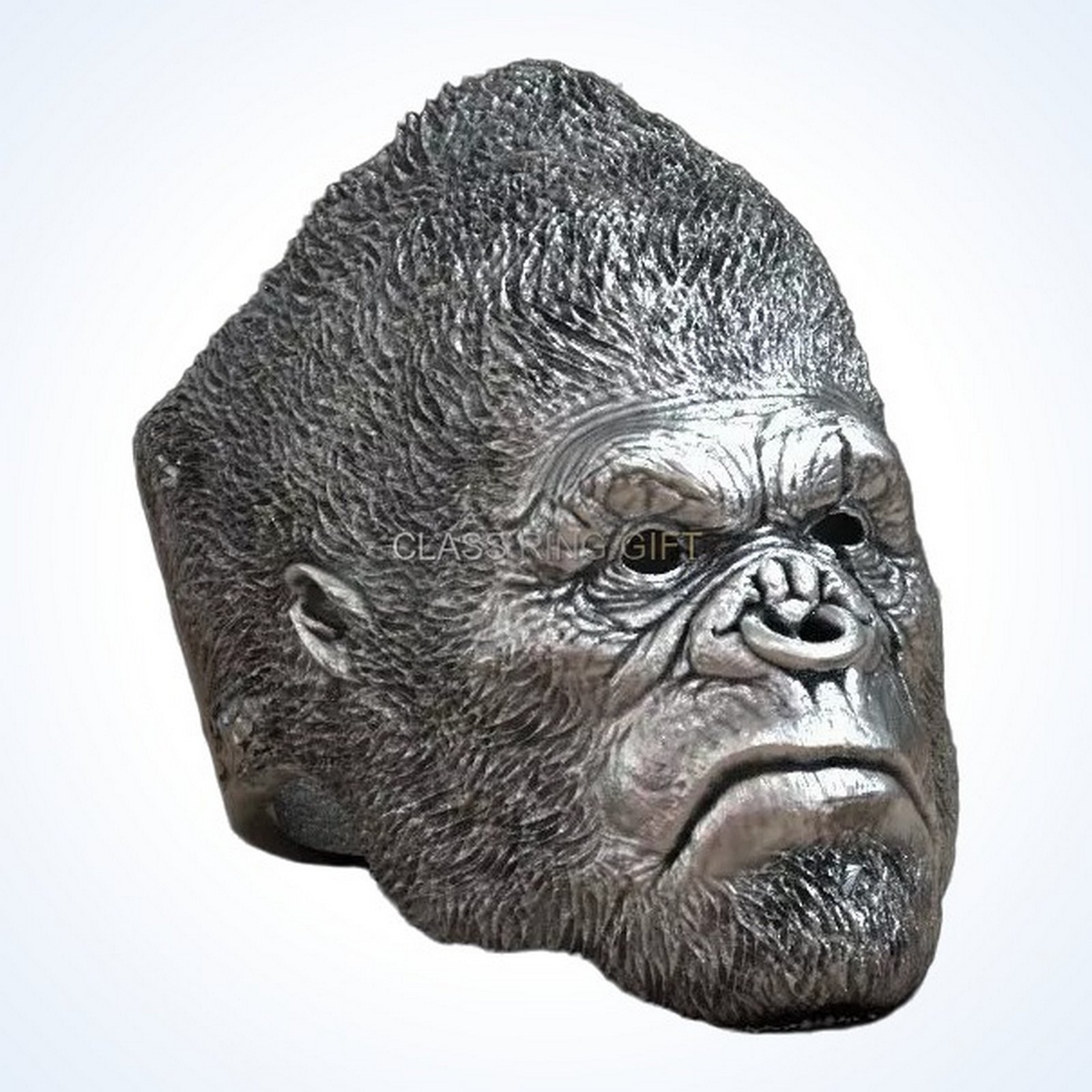 Gift for him gorilla ape ring front view with intense sculpted face