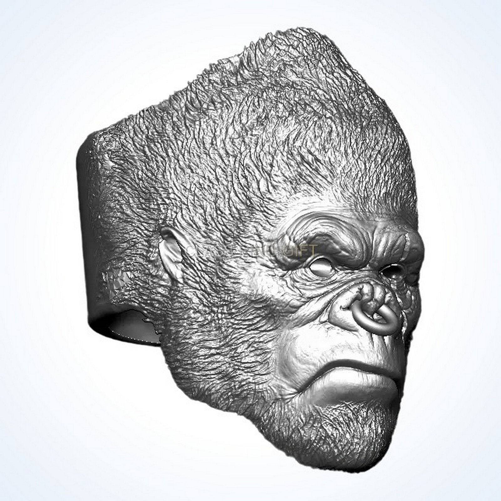 Gift for him gorilla ape ring front view with intense sculpted face