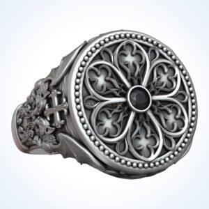 Gift for him gothic rosette signet ring with gargoyle shoulders, oxidized silver