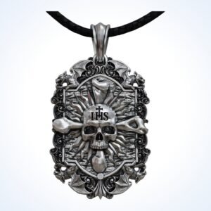 Gift for him gothic skull pendant with ornate baroque frame and gargoyle heads