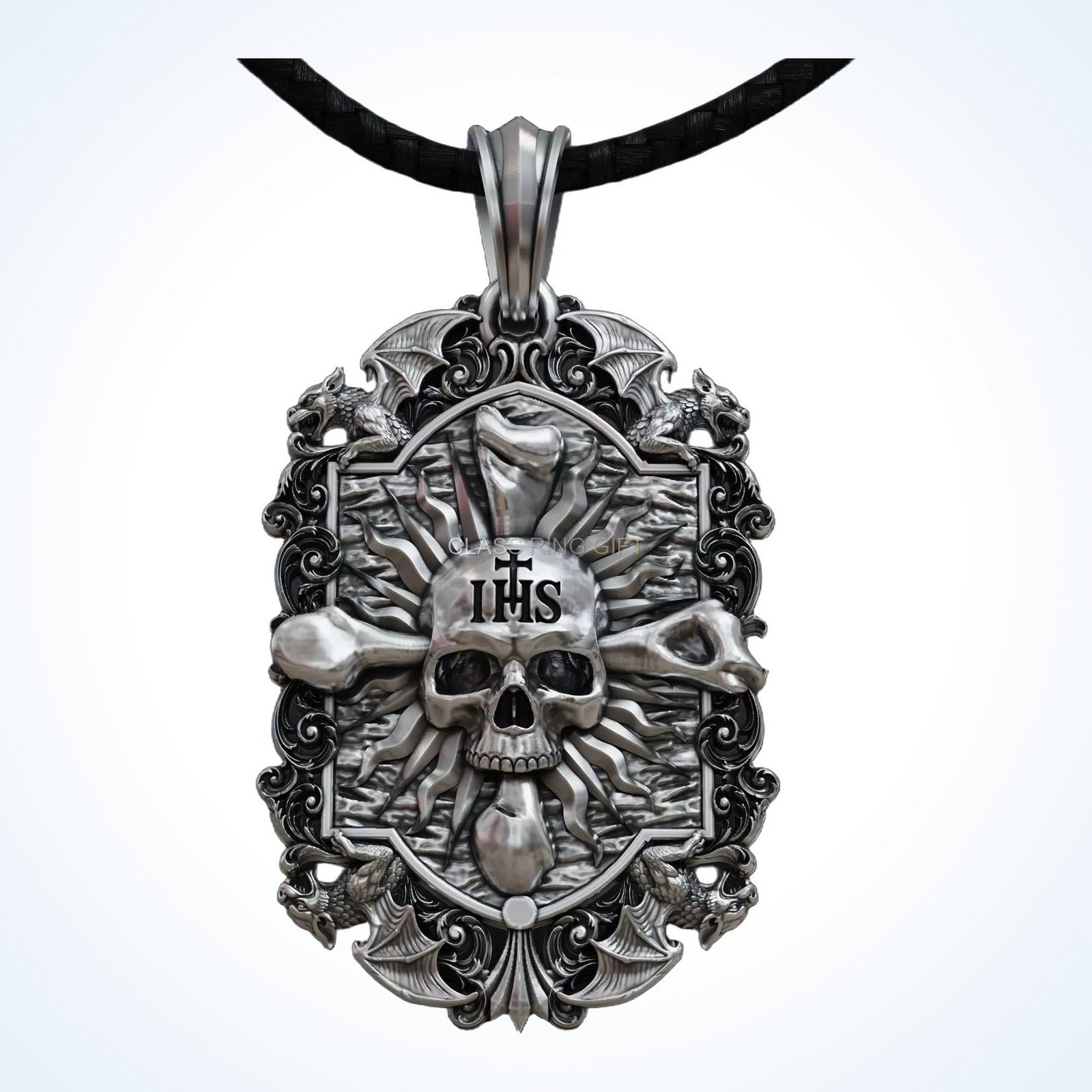 Gift for him gothic skull pendant with ornate baroque frame and gargoyle heads