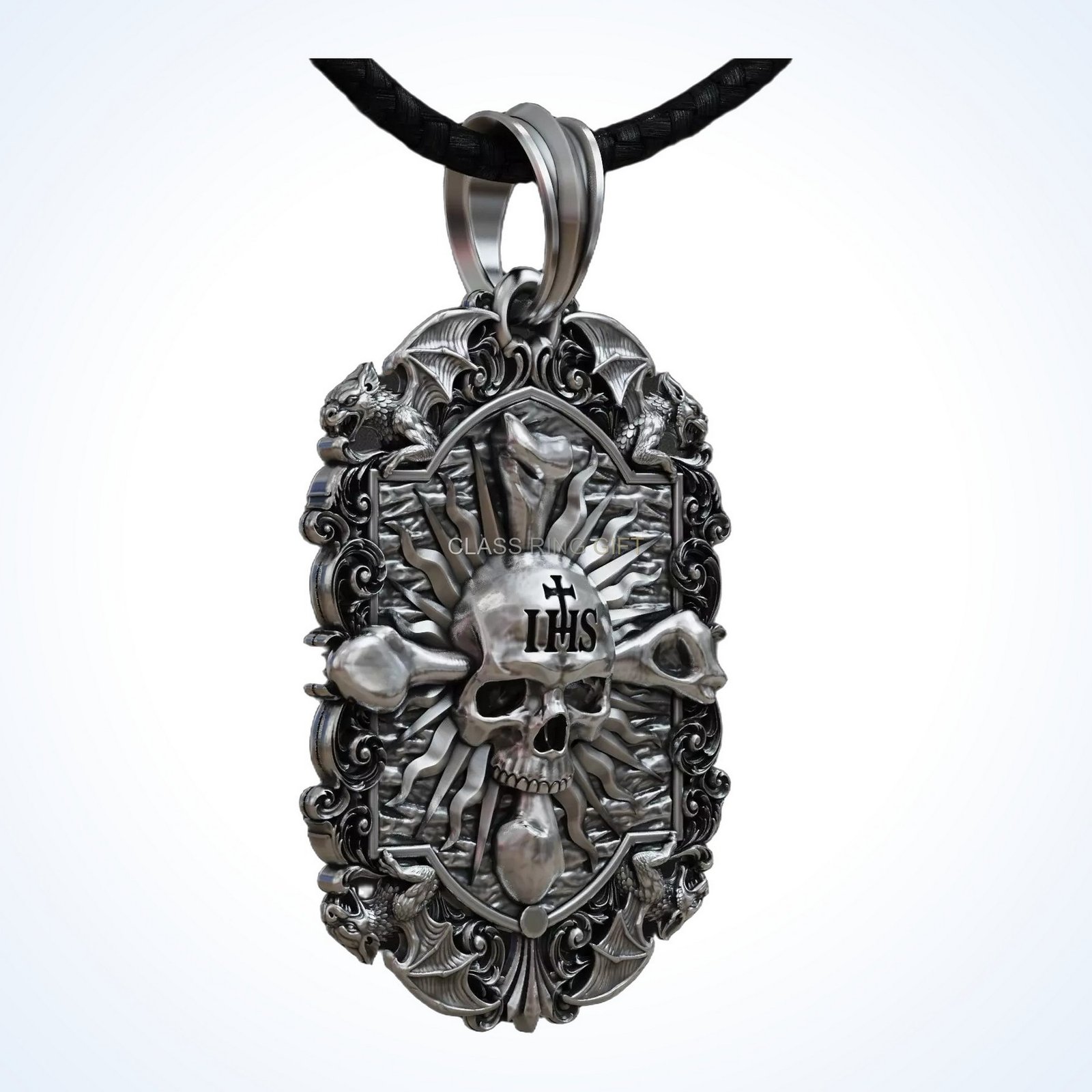 Gift for him gothic skull, angled three-quarter pendant view