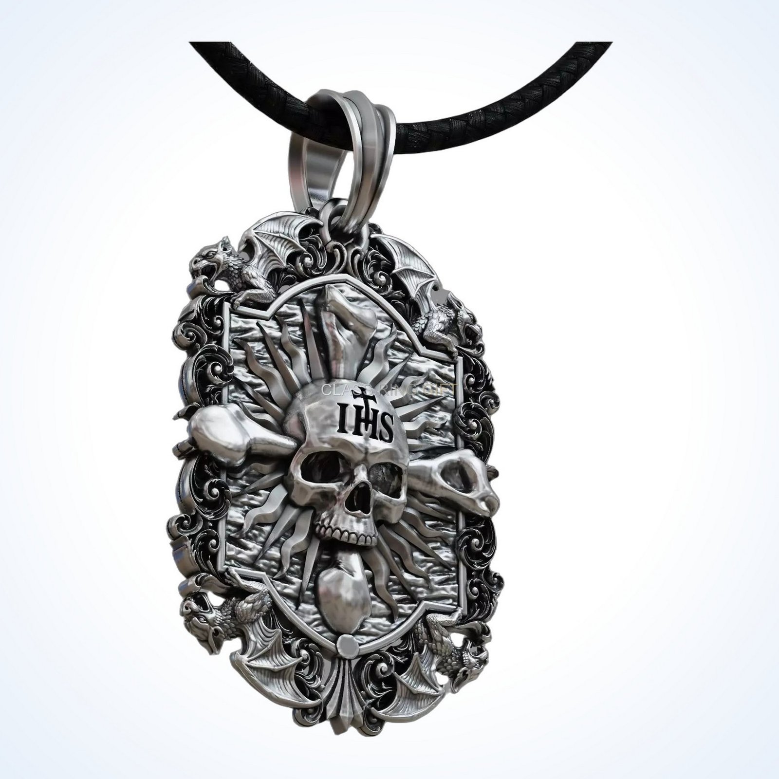Gift for him gothic skull, left side profile angle