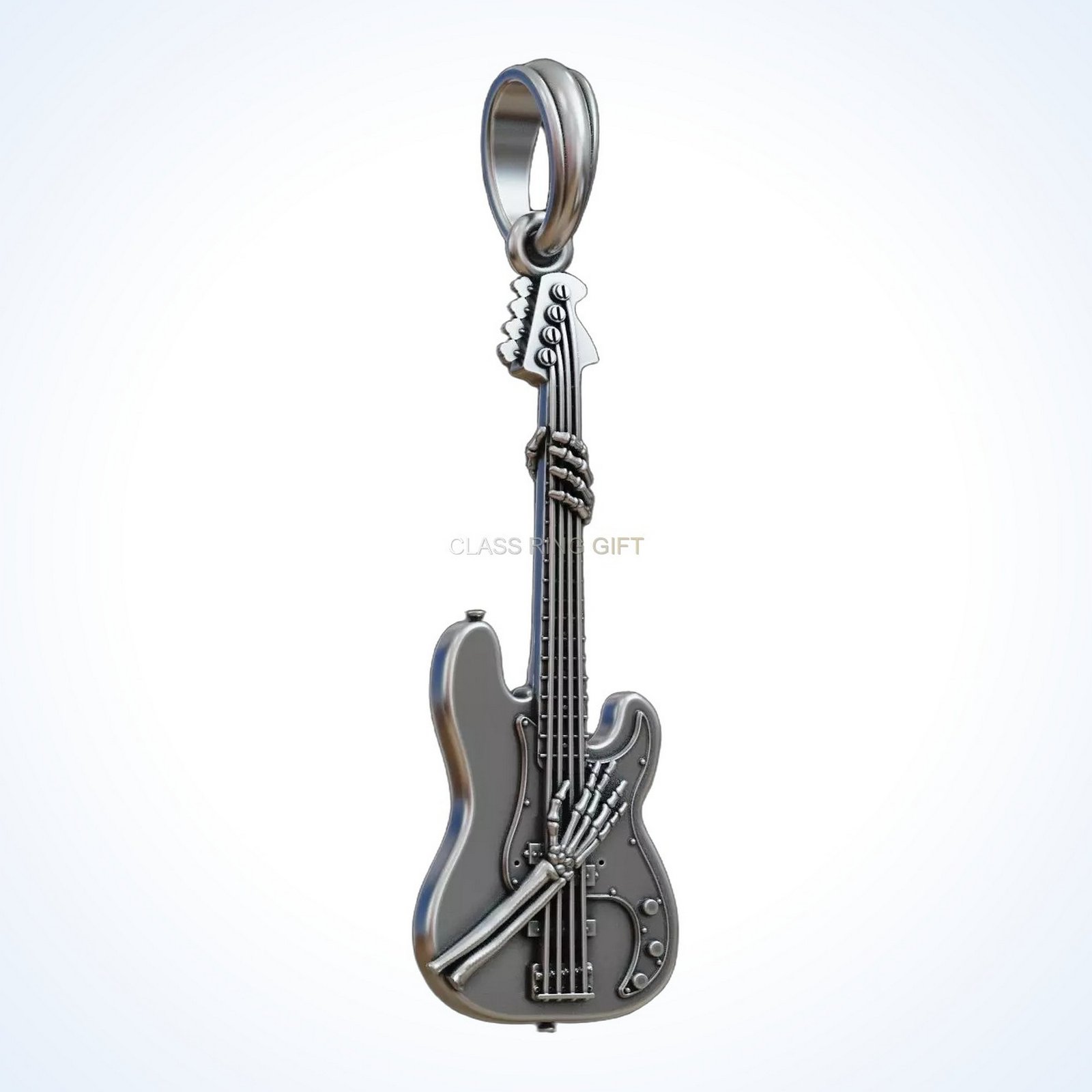 Gift for him guitar skeleton pendant, sterling silver with rope neck