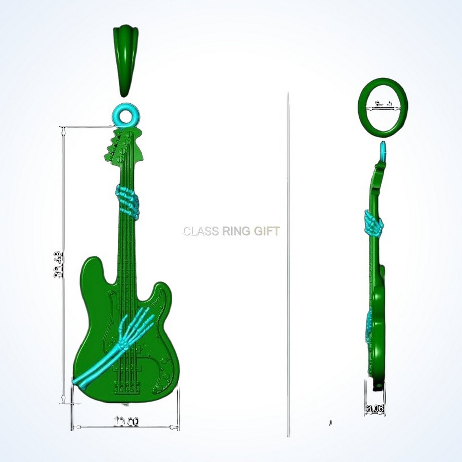 Gift for him guitar skeleton pendant, sterling silver with rope neck