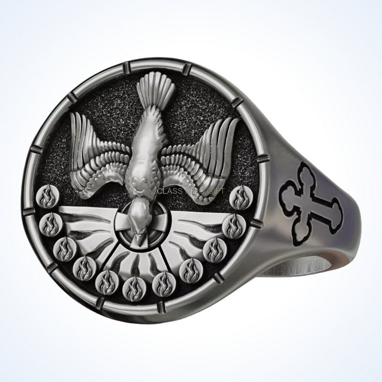Christian gift holy spirit ring, angled face with side cross detail