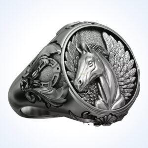 Gift for him horse pegasus signet ring, oxidized 925 sterling silver with beaded frame