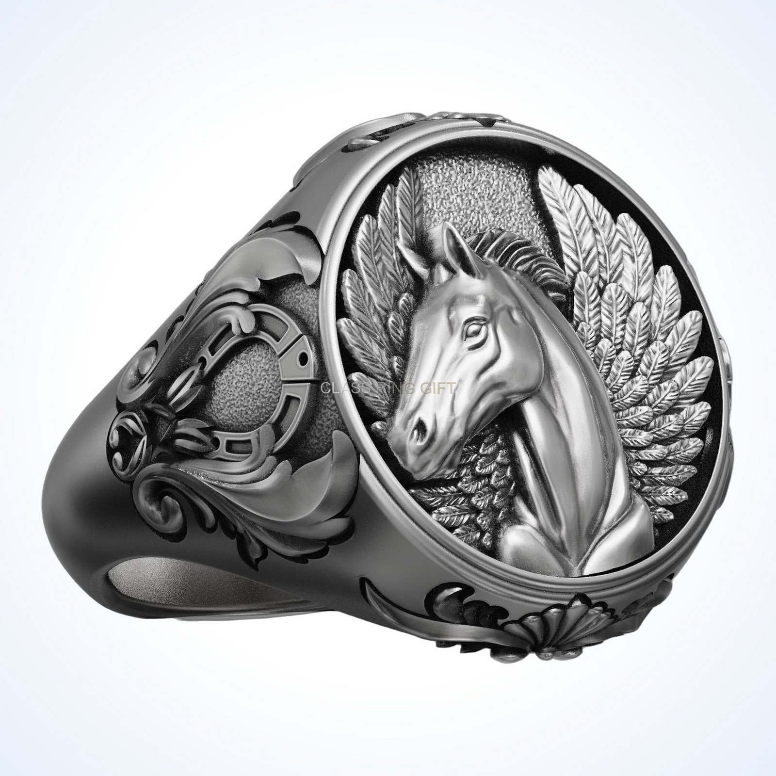 Gift for him horse pegasus signet ring, oxidized 925 sterling silver with beaded frame