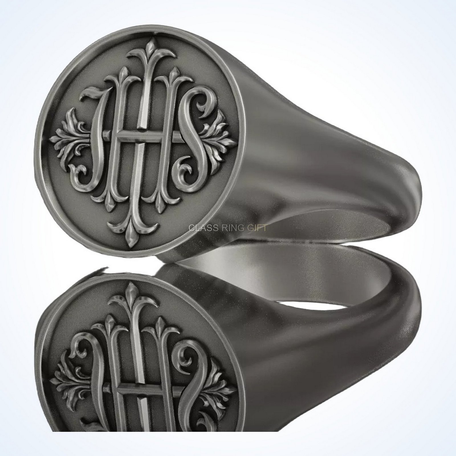 Christian gift ihs christogram ring, angled dual-ring display showing seal faces