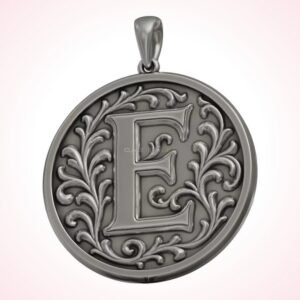 Gift for her initial letter pendant with floral scroll border, oxidized 925 sterling silver