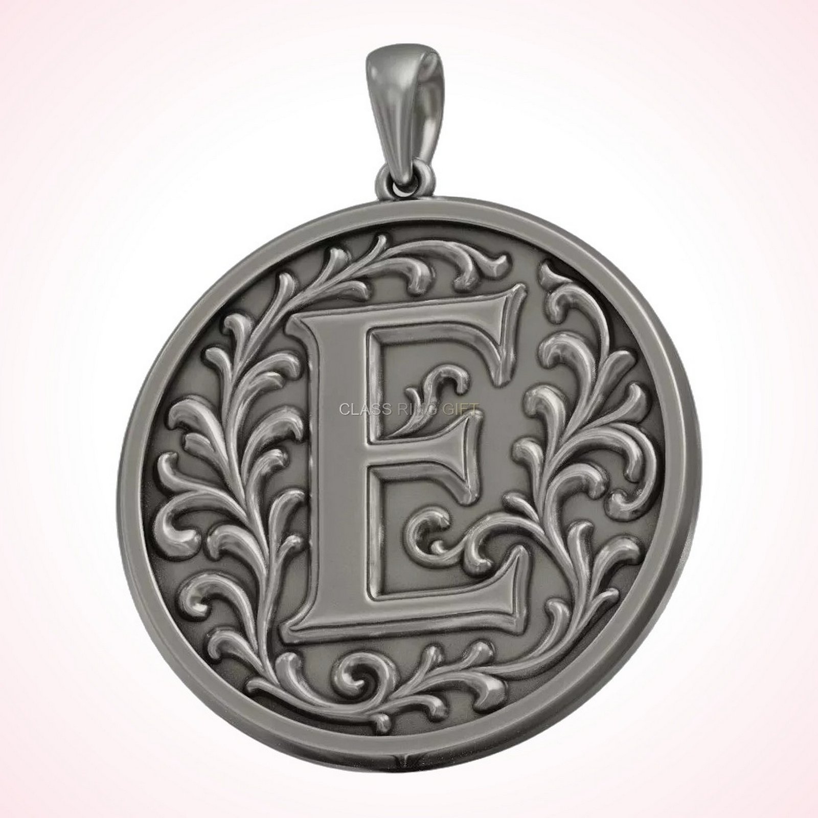 Gift for her initial letter pendant with floral scroll border, oxidized 925 sterling silver