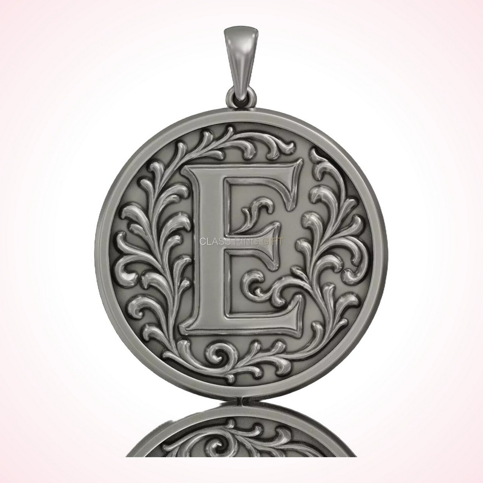 Gift for her initial letter, bold initial letter E surrounded by baroque scrollwork, head-on