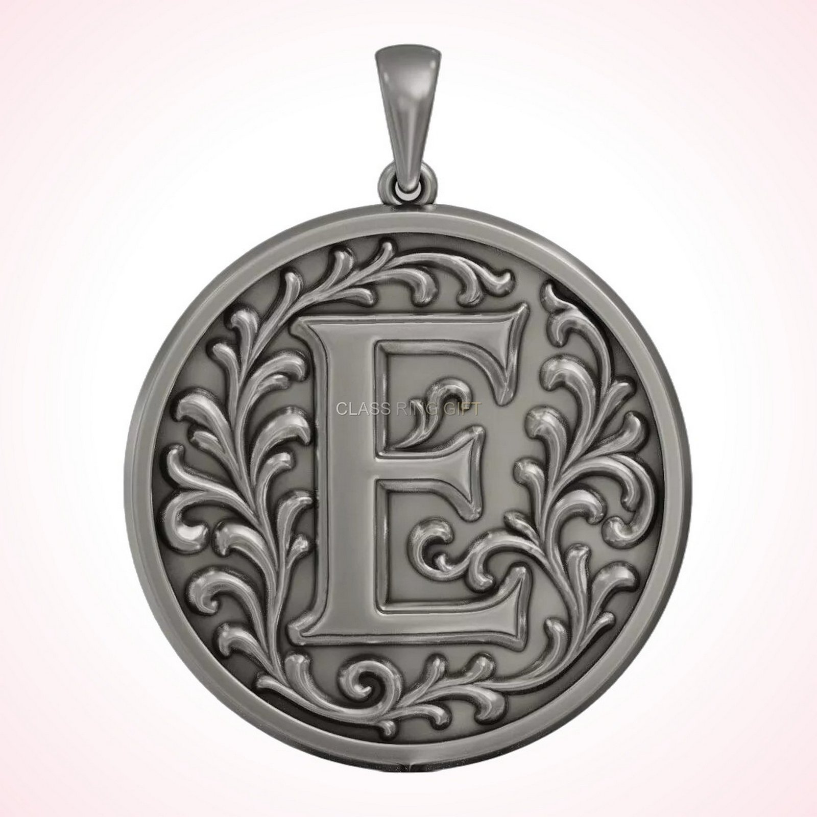 Gift for her initial letter pendant with floral scroll border, oxidized 925 sterling silver