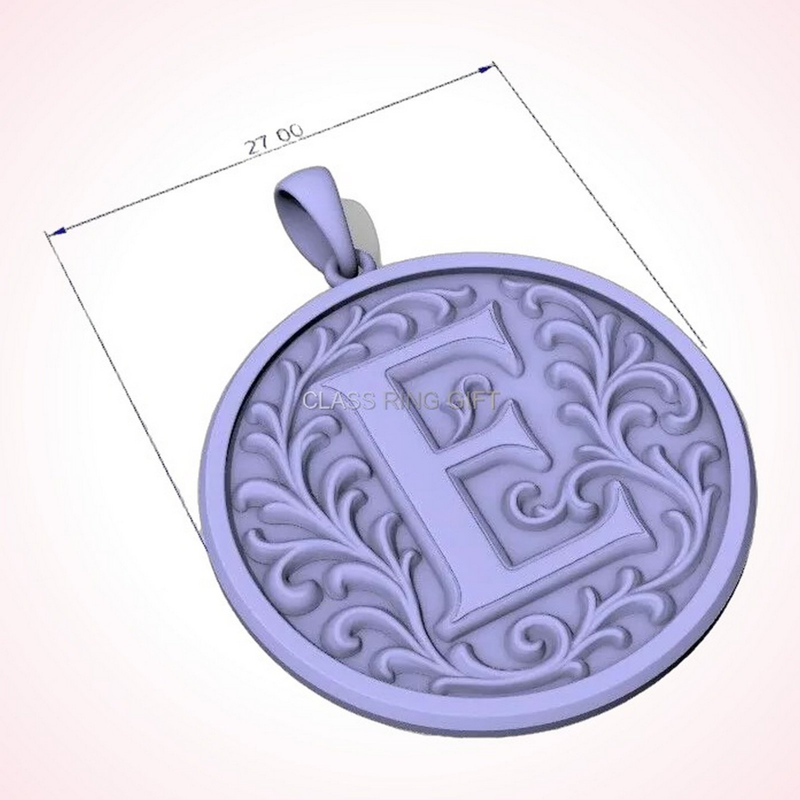 Gift for her initial letter pendant with floral scroll border, oxidized 925 sterling silver