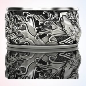 Anniversary gift japanese carp ring with flowing waves, oxidized 925 sterling silver
